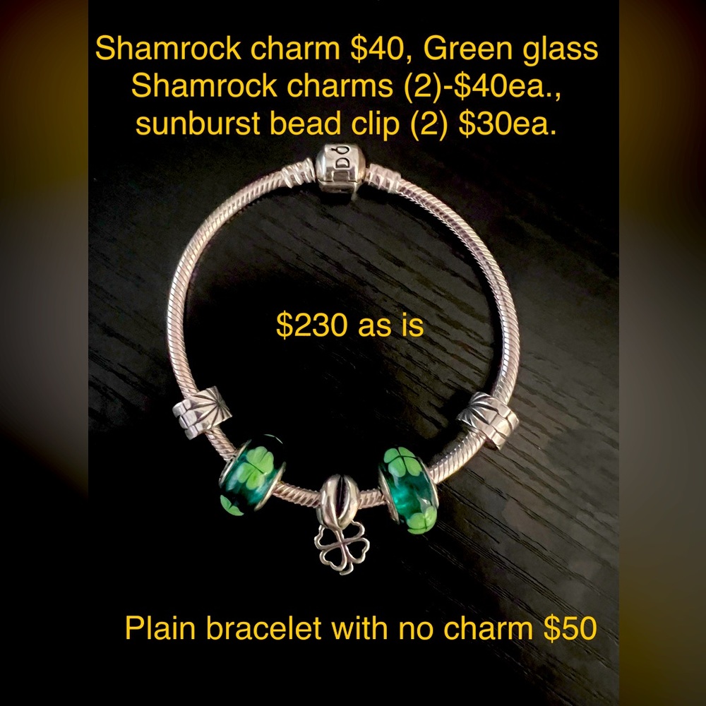 Authentic Pandora “St Patty’s Day” themed bracelet and charms.